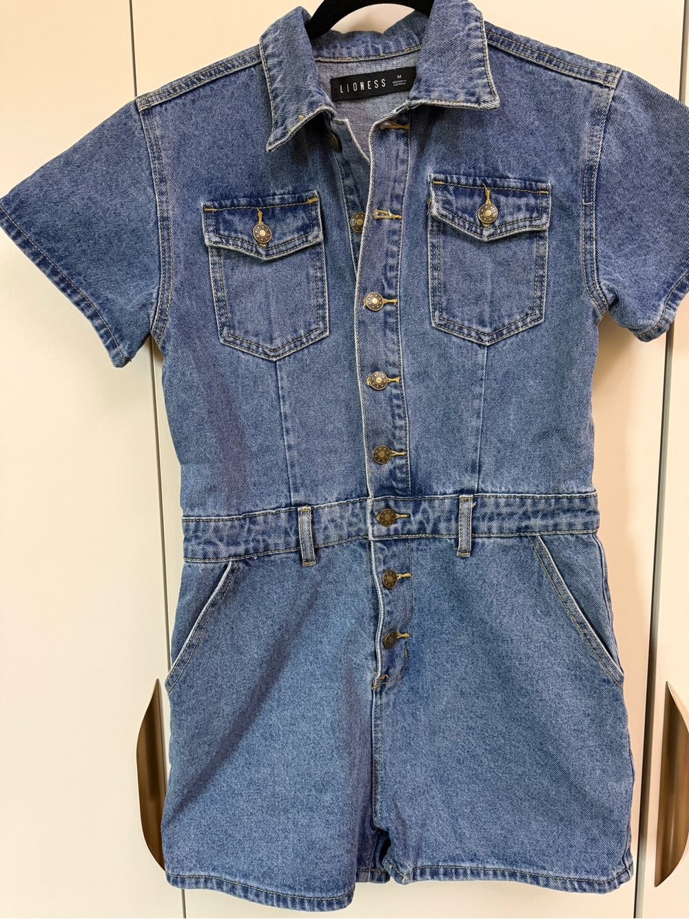 Lioness Denim Utility Romper Medium | Button Front Short Sleeve Playsuit - Picture 2 of 6